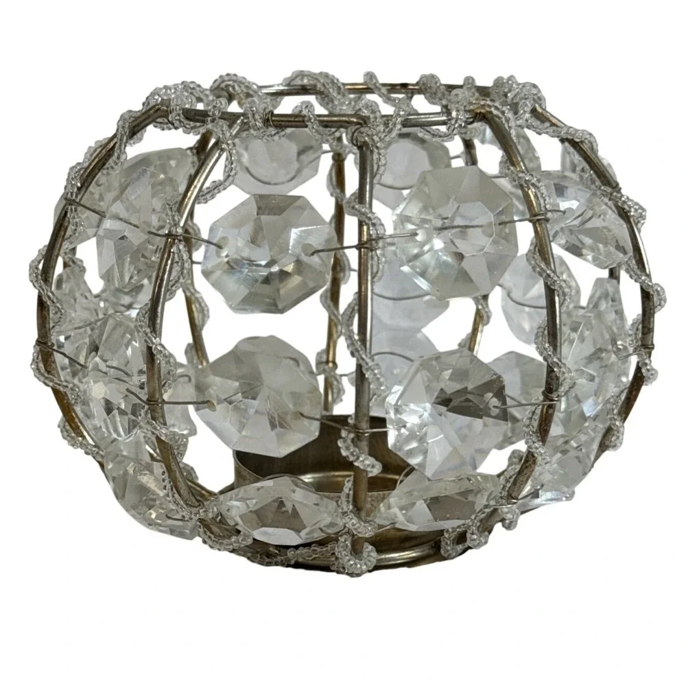 Vintage‎ Beaded Crystal Prism Votive Candle Holder Silver Tone